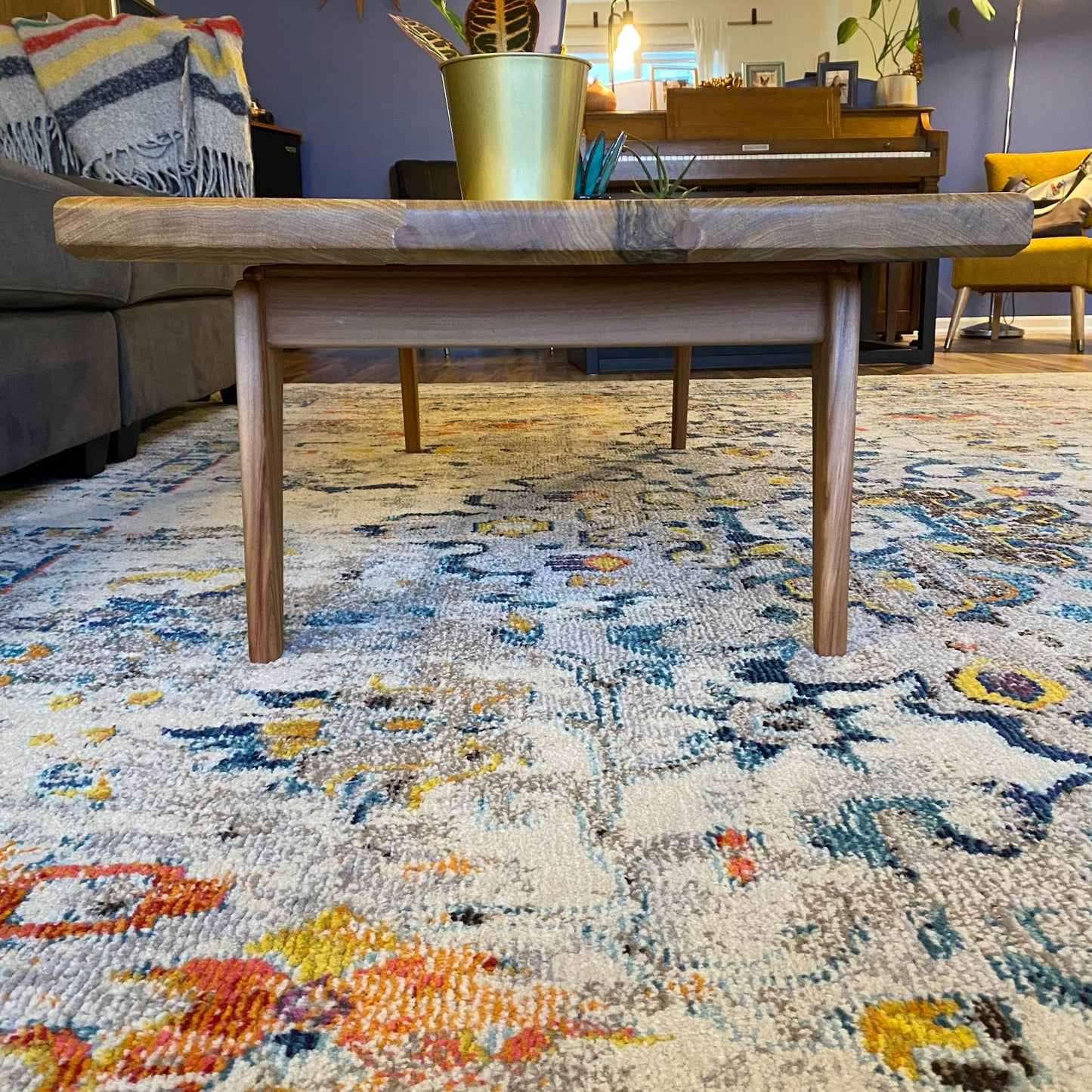 Modern Coffee Table: Red Gum Wood Base & White Limba Top