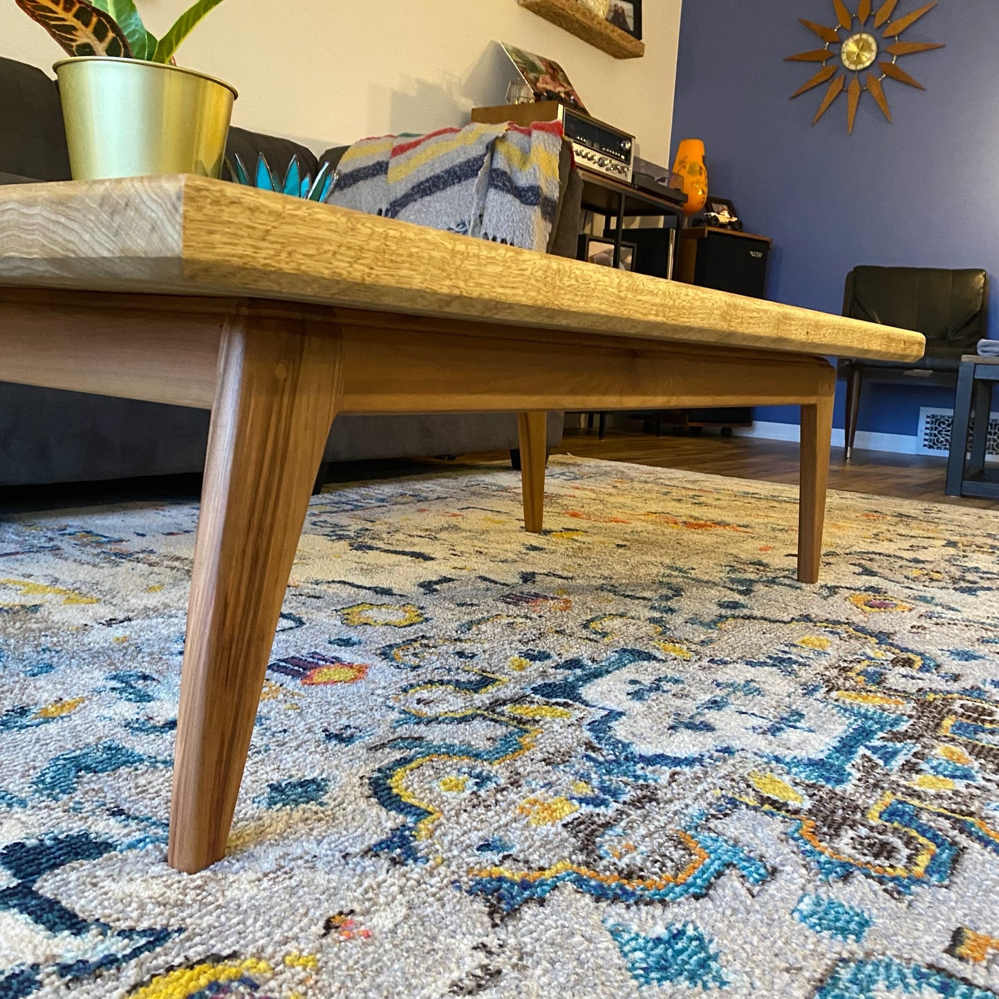 Modern Coffee Table: Red Gum Wood Base & White Limba Top