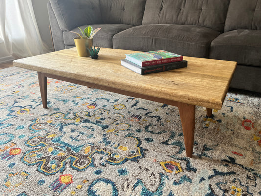 Modern Coffee Table: Red Gum Wood Base & White Limba Top